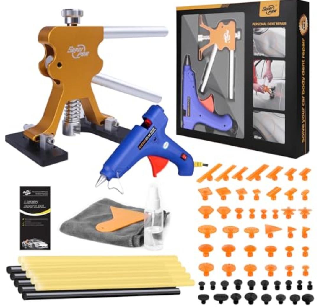 Super PDR 74PCS Car Dent Repair Kit, Small Dent Puller Kit, Adjustable Metal Dent Remover Tools with 58PCS High Viscosity Pull Tabs for Auto Body Large & Small Dents, Door Ding, Hail Damage