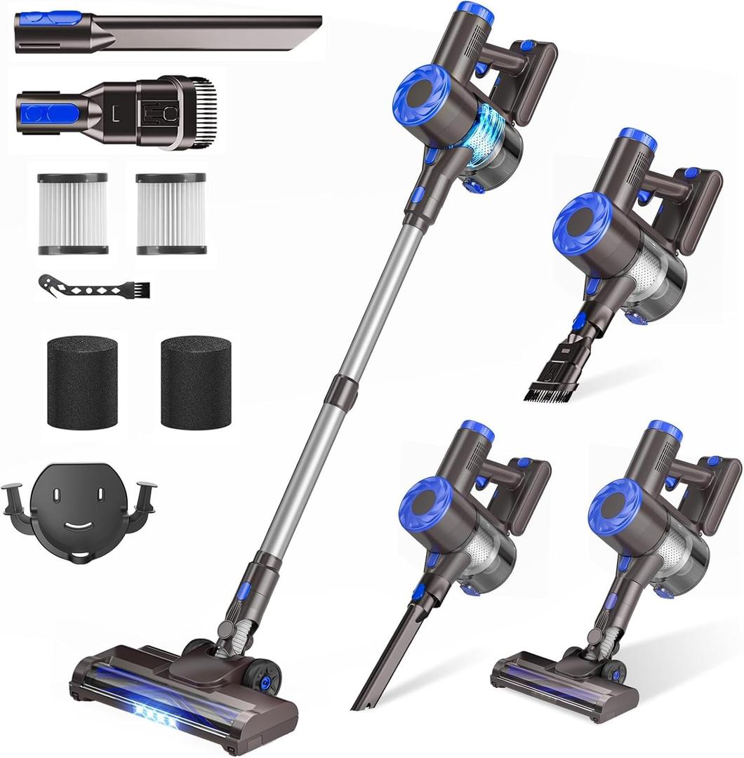 Cordless Vacuum Cleaner, Upgraded 40Kpa Stick Vacuum Cleaners for Home, 8 in 1 Lightweight with Self-Standing, 1.5L Dust Cup & Anti-tangle, Rechargeable Vacuum for Hard Floors Carpets Pet Hair (Blue)