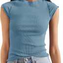 Tankaneo Womens Cap Sleeve Tops Crew Neck Ribbed Knit T Shirt Summer Casual Slim Fit Basic Tees Tshirt (Blue)