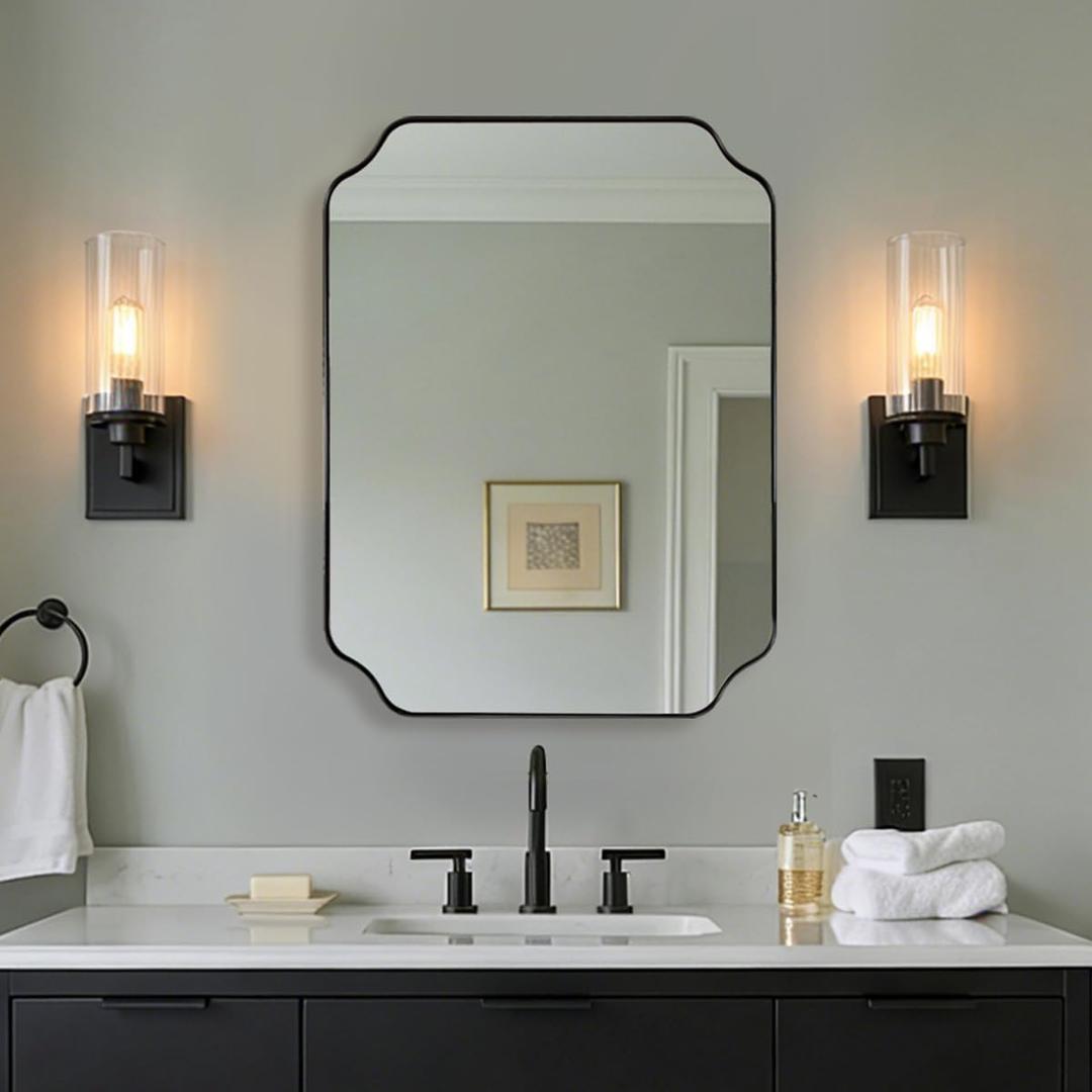 MIRRORART 22x30 Black Scalloped Bathroom Mirror for Wall, Contemporary Rounded Notched Corner Rectangle Mirrors in 1 Stainless Steel Metal Frame Wall Mounted Vertical/Horizontal for Home Decor