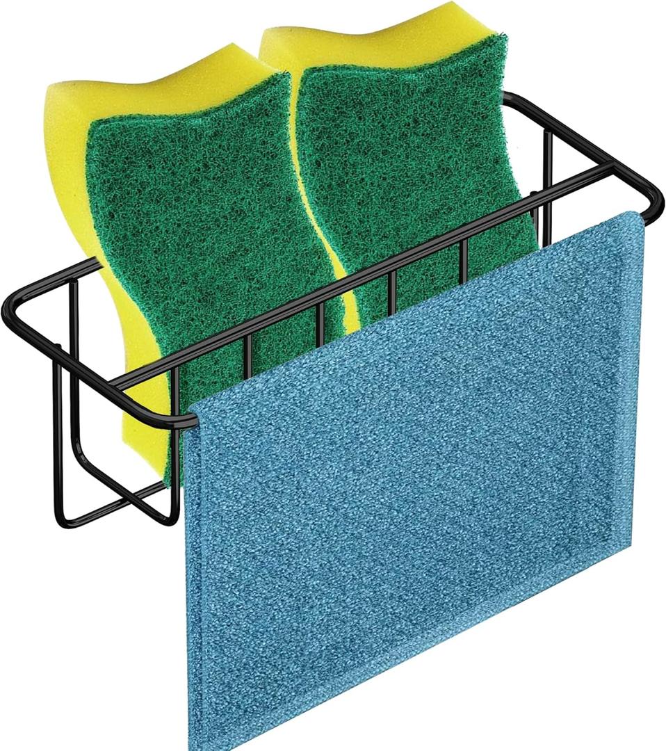 KESOL Adhesive Kitchen Sink Sponge Holder + Dish Cloth Hanger + Soap Holder, 2-in-1 Kitchen Sink Caddy, 304 Stainless Steel Rust Proof, Water Proof, No Drilling (Black)