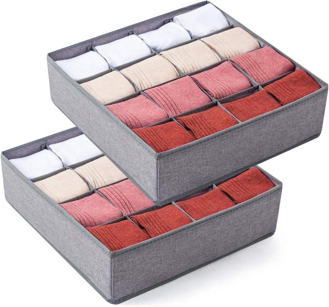 Qozary 2 Pack Socks Underwear Drawer Organizer Divider, 24 Cell or 16 Cell Collapsible Cabinet Closet Organizer Storage Boxes for Clothes, Socks, Lingerie, Underwear, Ties (Grey)