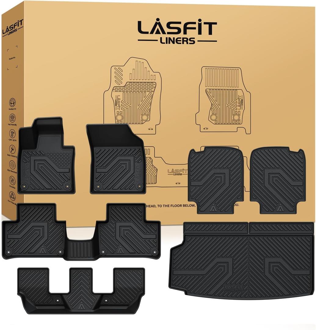 LASFIT Floor Mats & Cargo Mat & Backrest Mats for Volvo XC90 2016-2026 (Only for 7 Seats &T8 PHEV) All Weather TPE Mats Custom Fit Floor Liner for XC90 1st&2nd&3rd Row Car Mats & Cargo Liner, Black