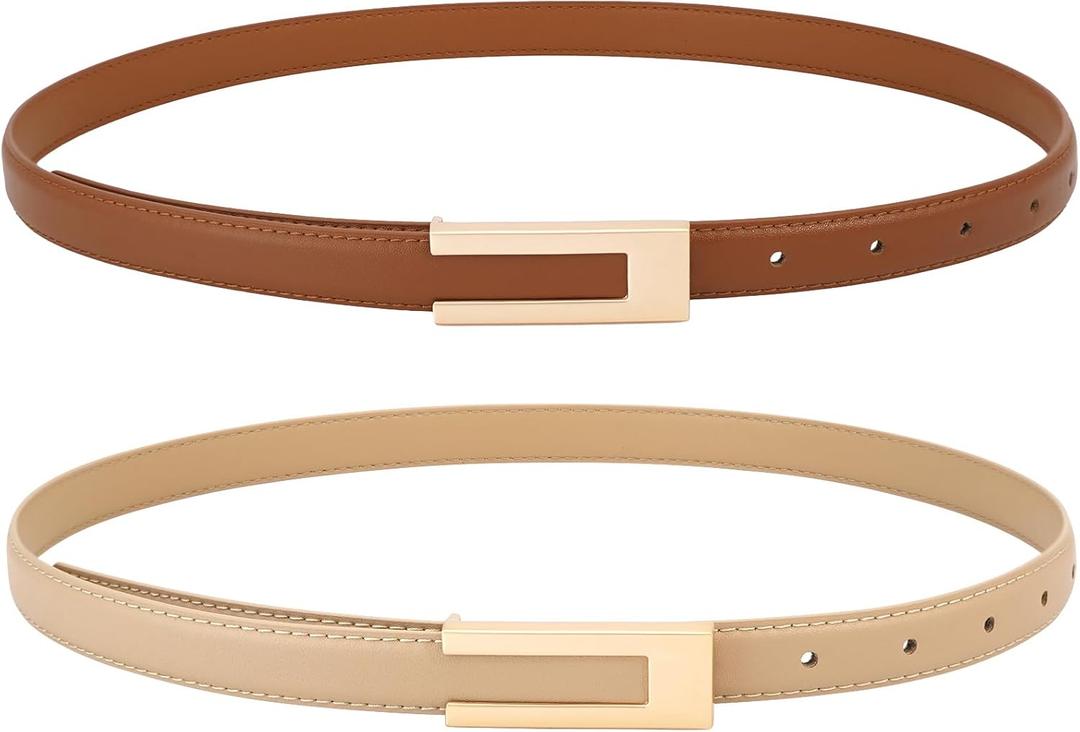 Women Leather Belt Skinny Waist Belts for Dress Thin Waist Belt with Gold Buckle for Jeans Pants (Fit Waist 35"-43", Apricot+brown)