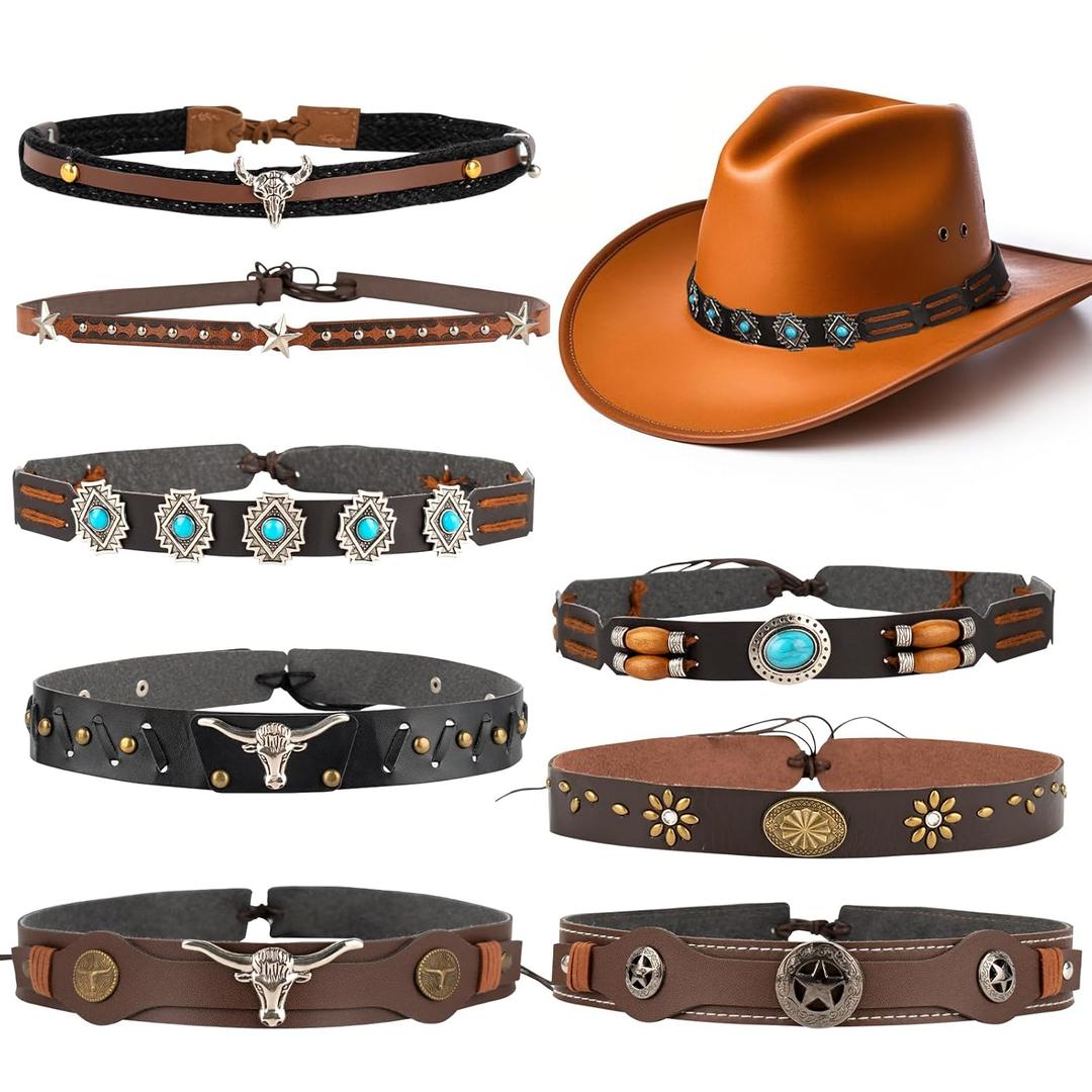 TRESSON Cowboy Hat Bands for Women & Men-Western PU Leather Cowgirl Hats Belt, Ethnic Western Hat Belts for Accessories Beaded Cowboy Supply 8 Pcs