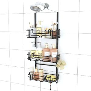 SWTYMIKI Shower Caddy Hanging Organizer - 3-Tier Rustproof Shower Organizer Over Showerhead with Adjustable Baskets, 24 Hooks, Soap & Razor Holder - No Drill Large Bathroom Storage Rack, Black
