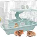 2-Tier Portable Hamster Cage and Habitats,Travel Metal Mouse Cages with Free Water Bottle,Houses and Exercise Wheel for Any Breed of Hamster and Small Animal (14.6x11.0x11.8inch Light Blue)