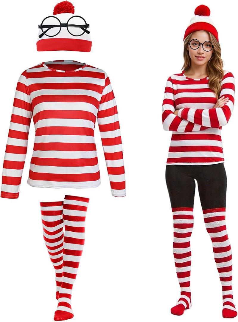 Red and White Striped Shirt Costume Set for Adults with Hat, Socks and Round Glasses, Women's Halloween Party Outfit (X-Large)