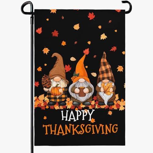Dacawin Fall Gnomes Garden Flags Happy Thanksgiving Yard Flag Double Sided 12x18 Inch Autumn Harvest Pumpkin Garden Flag Thankful Maple Leaves Give Thanks House Banner Holiday Decoration