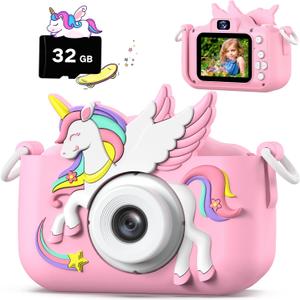 Upgrade Kids Camera for Boys Girls, Toddler Digital Selfie Camera with Cute Protective Cover and 32G SD Card, Christmas Birthday Gifts Toys for 3 4 5 6 7 8 9 10 11 12 Years Old Little Girls and Boys (Colorful Pink)