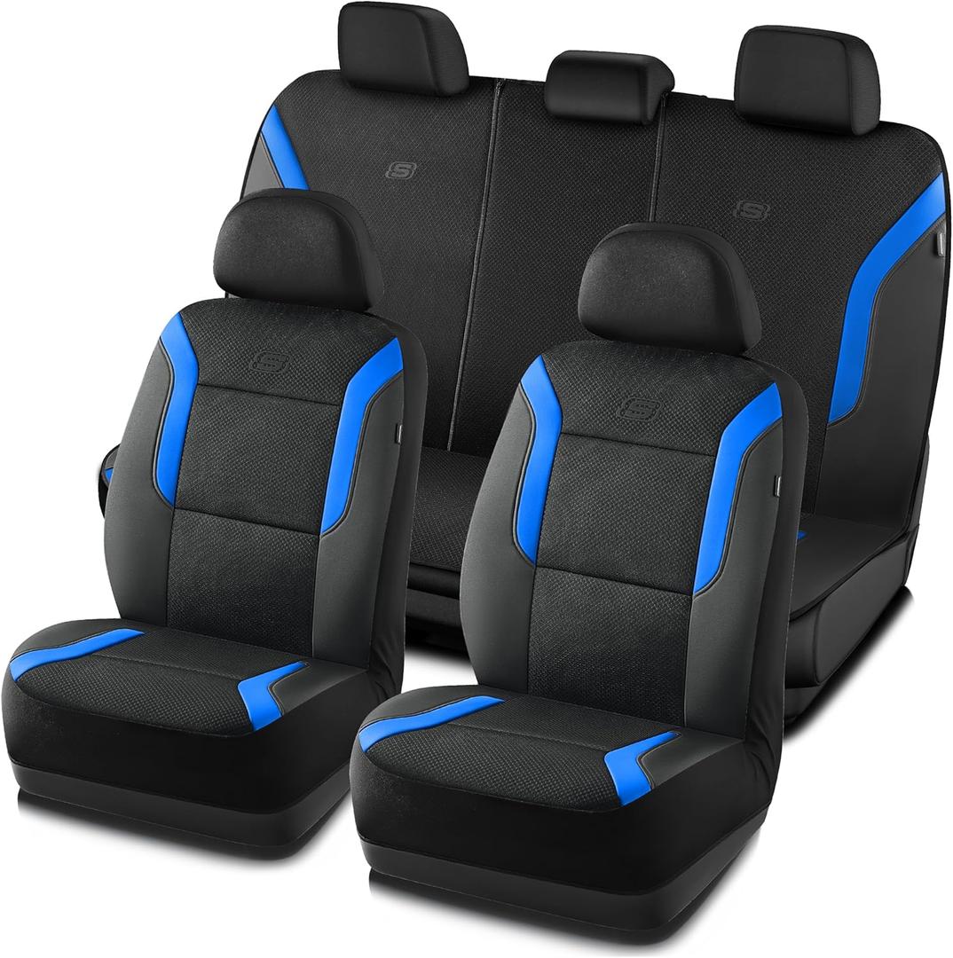 Skechers Memory Foam Car Seat Covers, Air Cool Mesh Thick Seat Covers, Car Seat Cover Full Sets, Airbag Compatible, Automotive Comfort Protection for Most Cars,Vans,Trucks, SUVs,Blue