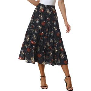 Allegra K Women's Floral Skirt Chiffon A-line Long Tiered Ruffle Boho Summer Midi Skirts, S