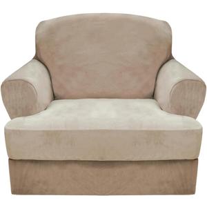 CUCRAF T Cushion Sofa Cover 2 Piece Armchair Slipcovers, Soft Thick Velvet Couch Cover for Living Room, Washable High Stretch Furniture Protector with 1 Cushion Chair Slipcover (Chair, Khaki)