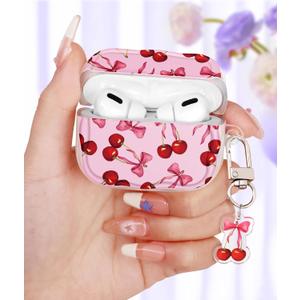 Coralogo for AirPods Pro/Pro 2nd Gen Case for Women - Cute & Protective Kawaii Girls Girly Fashion Design Cover with Cartoon Acrylic Keychain Case for AirPods Pro & Pro 2, Cherry Bow
