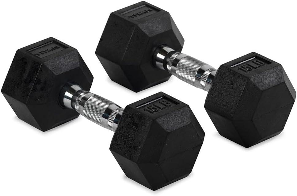 Titan Fitness 15 LB Pair Rubber Coated Hex Dumbbells, Roll-Resistant Hexagonal Free Weights, Chrome-Coated Handles with Knurling, Strength Training Equipment
