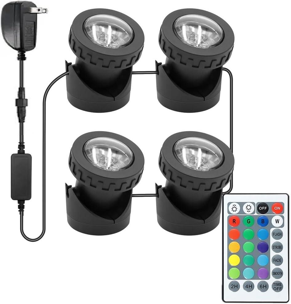 Colored Pond Lights with Timer, RGB Weighted Fountain Light IP68 Waterproof, Dimmable Outdoor Landscape Lights Fish Tank Pond Fountain Garden, 4 in Set