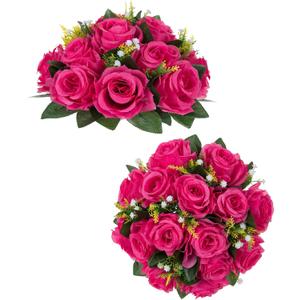 BLOSMON Hot Pink Flowers Artificial: 2 Pcs Fake Rose Balls Centerpiece for Wedding Table Decoration - Faux Silk Kissing Bouquet Floral Arrangement for Home Party Event Decor