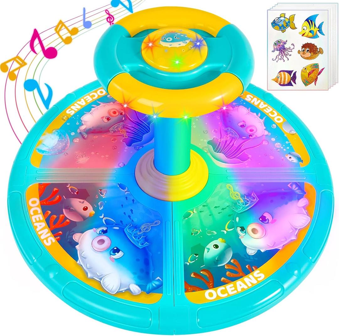 Sit and Spin, Christmas Birthday Gift Toddlers Sit and Spin Toy for 3 4 Years Old Girl Boy, 360 Ocean Interactive Sensory Spinning Toys for Ages 2-10 Kids LED & Sound with Free Stickers