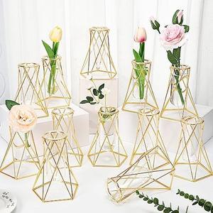 Dandat 12 Pcs Gold Geometric Vase for Centerpieces Glass Vase with Metal Stand Hydroponic Plant Flower Vase Modern Vase for Wedding Home Office Centerpiece Decor (6.3 Inch)