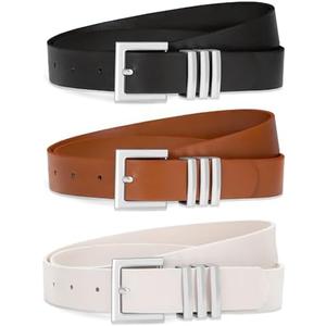 Huyfhksd 3 Pack Women Leather Belt for Jeans Pants Dresses Fashion Ladies Waist Belts with Gold Buckle, L, Black/ Brown/ Beige(Square)