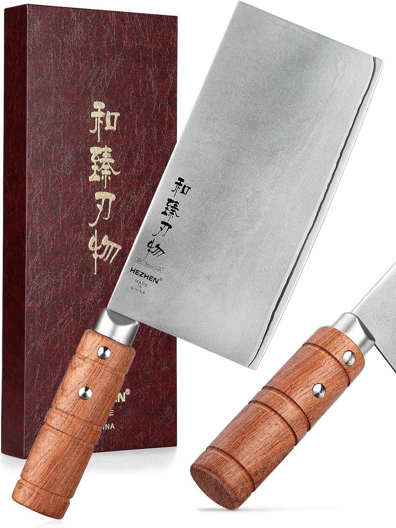 HEZHEN 7" Cleaver Knife, Composite Steel Chinese Kitchen Chef Knife, Clad Steel Butcher Knife, Padauk Wood Handle