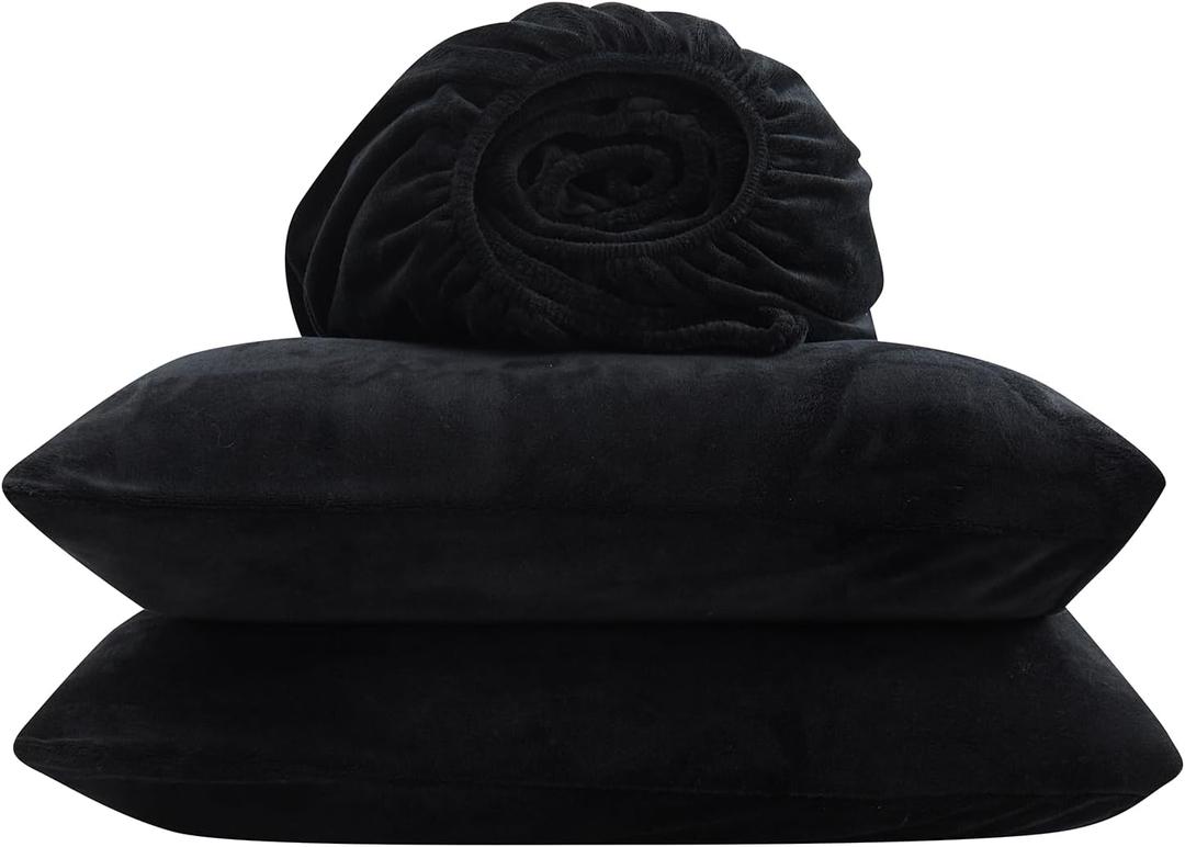 Velvet Plush Sheet Set(Include 1 Fitted Sheet & 2 Pillowcases) Truly Soft Milk Fluff Fitted Sheet with 18'' Deep Pocket-Breathable Anti-Static Luxury Sheet (Black, Queen (U.S. Standard))