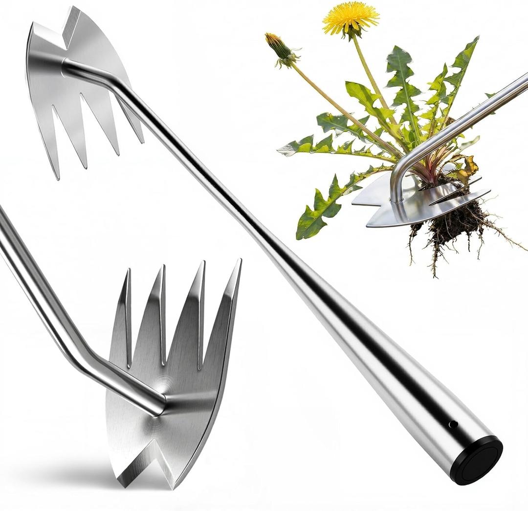 LOOHOI Weed Puller Tool, Heavy-Duty Stainless Steel Weeding Tool with Extendable Handle, Portable Garden Weed Removal Tool for Vegetable Gardening Backyard Farm Planting & Weeding (4-tooth)