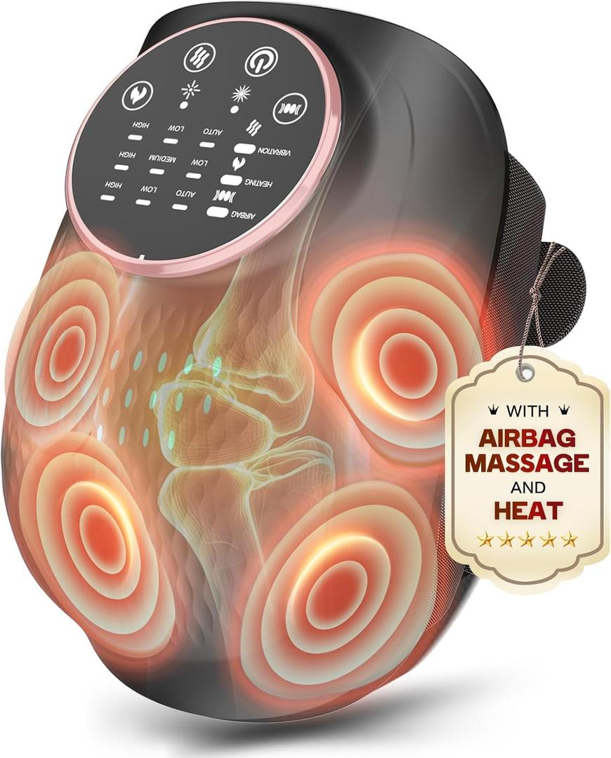 Knee Massager with Heat, 3D Airbag Compression, 3 Heating Levels, 3 Vibration Modes, Adjustable Straps, Memory Function, Cordless Knee Brace Massager for Home Use, Gift for Men and Women (Black Pink)