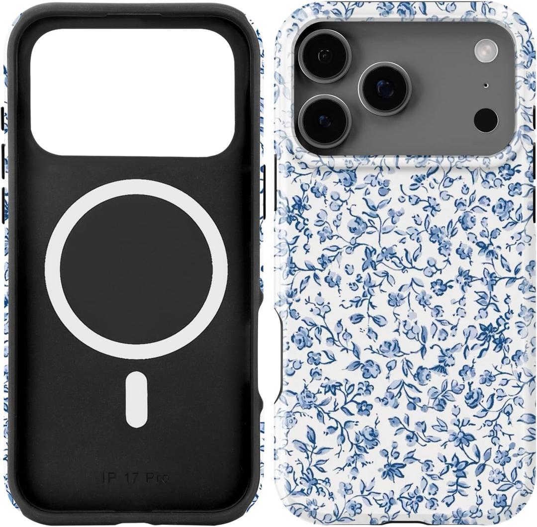Compatible with iPhone 17 Pro Case [Compatible with MagSafe] -[8 ft Drop Protection] 2 in 1 Shockproof Protective Slim Soft TPU Cover Phone Case 6.3" (Blue Floral, iPhone 17 Pro 6.3") 
Blue Floral