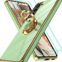 Gritup for Samsung Galaxy S21 Case: with 2Pcs Screen Protector, 360 Rotation Ring Holder Magnetic Kickstand Plating Gold Edge Soft TPU Shockproof Protective Cover for S21, Pea Green