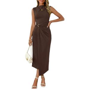 Valiamcep Womens Summer Mock Neck Ruched Bodycon Dress Sleeveless Elegant Cocktail Club Party Long Midi Dresses, Small