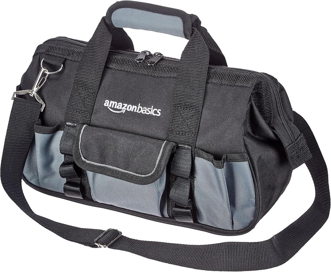 Amazon Basics Durable Wear-Resistant Tool Storage Bag with Adjustable Shoulder Strap, Portable Tool Organizer, 16 Pockets, 12 in, Black & Gray (Small Standard Bag)