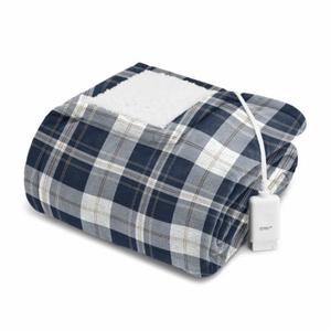 Sunbeam Microplush Sherpa Electric Heated Throw Blanket, Blue/White Plaid, 60×70"