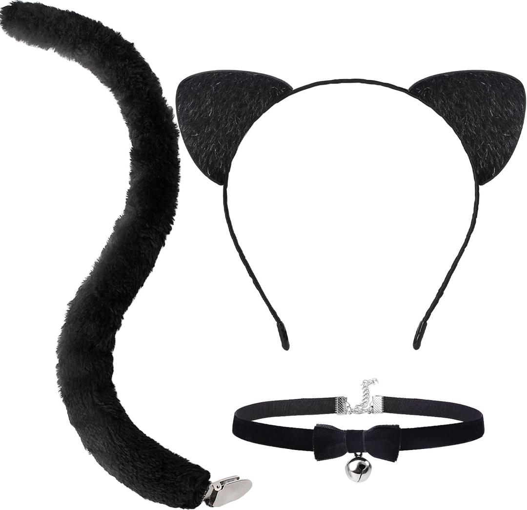 Snwquik 3 PCS Cat Ears Headband with Tail and Bell Choker,Cat Costumes Accessories for Adults Women Halloween Dress Up Party Set (Black)