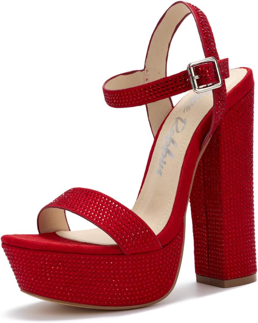 Cape Robbin Women's Rhinestone Platform Heels - 5.5-inch Heel with 1.5-inch Platform - Memory Foam Cushioned Ankle Strap Sandals - Dressy Chunky High Heels for Women Footwear (Rosss) Red 10