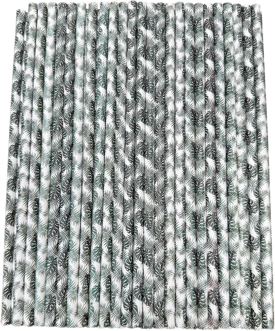 YAOSHENG [100 Pack] Green Leaf Paper Straws Disposable, 100% Biodegradable Multi-Pattern Party Straws For Birthday, Wedding and Holiday Decoration (green leaf)