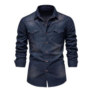Eisctnd Men's Denim Button Down Shirt Classic Fit Long Sleeve Jean Work Shirts with 2 Pockets(Navy-S)