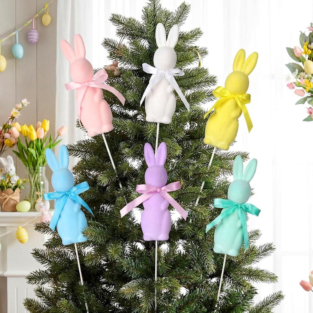 Kathfly 6 Pcs Large Easter Flocked Bunny Decoration 12 Inch Easter Pastel Flocked Bunny Tree Picks Flocking Rabbit Floral Picks Rabbit Ornament for Tree Topper Farmhouse Party Decor Home