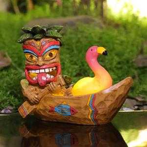 Solar Tiki Statue Outdoor Decor-Tiki Bar Decor -Outdoor Tiki Statue Decoration for Garden,Lawn,Balcony,Yard,Tiki Flamingos Boating Hawaiian Tropical Decor Figurine Gift