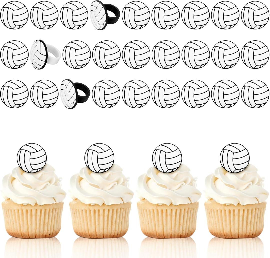 Honeydak 48 Pcs Black Volleyball Cupcake Rings Toppers Decoration Sport Ball Theme Cupcake Picks Cake Decoration for Sport Baby Shower Birthday Party Cake Supplies