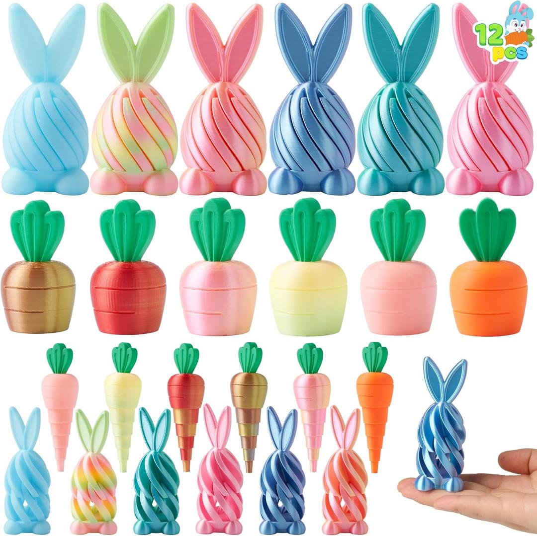 JOYIN 12Pcs Easter 3D Printed Toys, Bunny and Carrot Fidget Toys, 3D Printed Stress Relief Toys for Classroom Prize Supplies, Party Favors, Easter Egg Hunt Basket Stuffers Fillers.