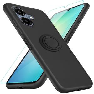 Case for Samsung Galaxy A06 2024 Phone Case with Glass Screen Protector, 360° Rotatable Ring Holder Kickstand/ Stand Silicone TPU Shockproof Protective Cover Case for Samsung Galaxy A06 - Black
