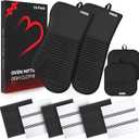 Oven Mitts and Pot Holder Sets with Silicone Grip, 500F Heat Resistant-6 Pack Dishcloth/Dish Towels for Kitchen 100% Cotton-Value Kitchen Essentials for Cooking, Baking, Grilling-Black