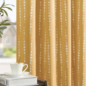 jinchan 95% Blackout Boho Curtains 84 Inches Long Mustard Moon Phases Printed Drapes Rod Pocket Thermal Insulated Curtains for Bedroom Nursery Yellow Window Drapes Curtain Set 2 Panels