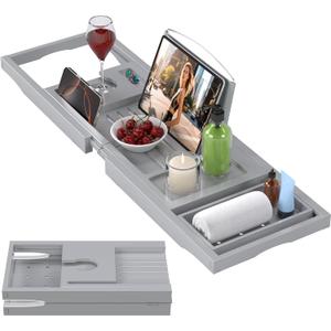 Foldable Bathtub Caddy Tray for Tub,Bamboo Expandable Bath Table Trays,Premium Bathroom Accessories for New Home & Mothers Day & Birthday Gifts for Couples,Gray
