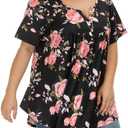 Gocolloa Womens Plus Size Tops Tunic Short Sleeve V Neck Floral Print Shirts Summer Casual Loose Blouse (Black, XXXL)