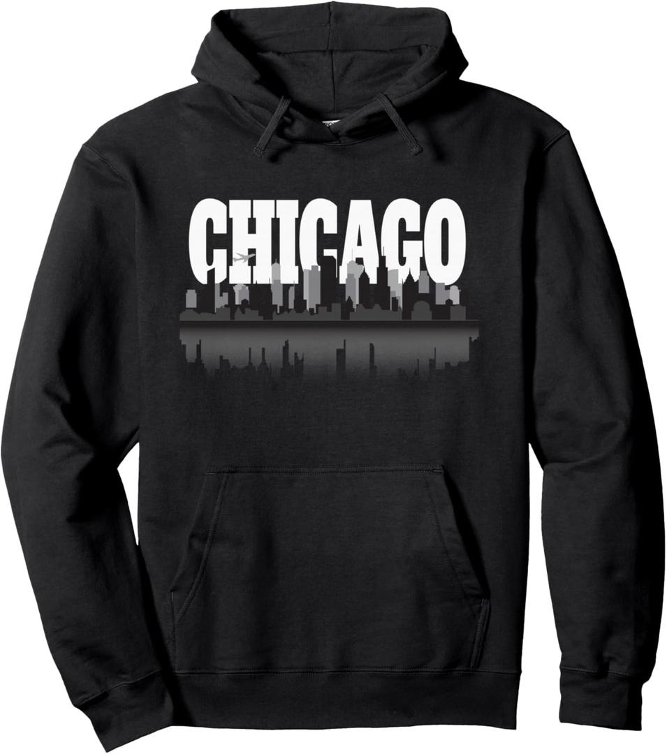 Chicago Windy City Skyline and Reflection Hoodie Pullover Hoodie, Size M