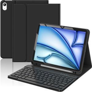 Keyboard Case for iPad Air 11-inch (M3 2025 / M2 2024) & iPad Air 5th 4th Generation, Magnetic Detachable Wireless Bluetooth Keyboard, Stand Cover Case with Pencil Holder, Black