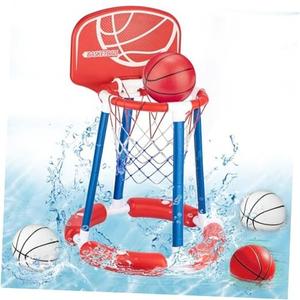 Pool Basketball Hoop with Backboard, Floating Pool Toy for Kids, Inflatbale Pool Basketball Outdoor Toys with 4 Balls & Pump for Swimming Pool, Water Summer Game for Kids Adults, Red