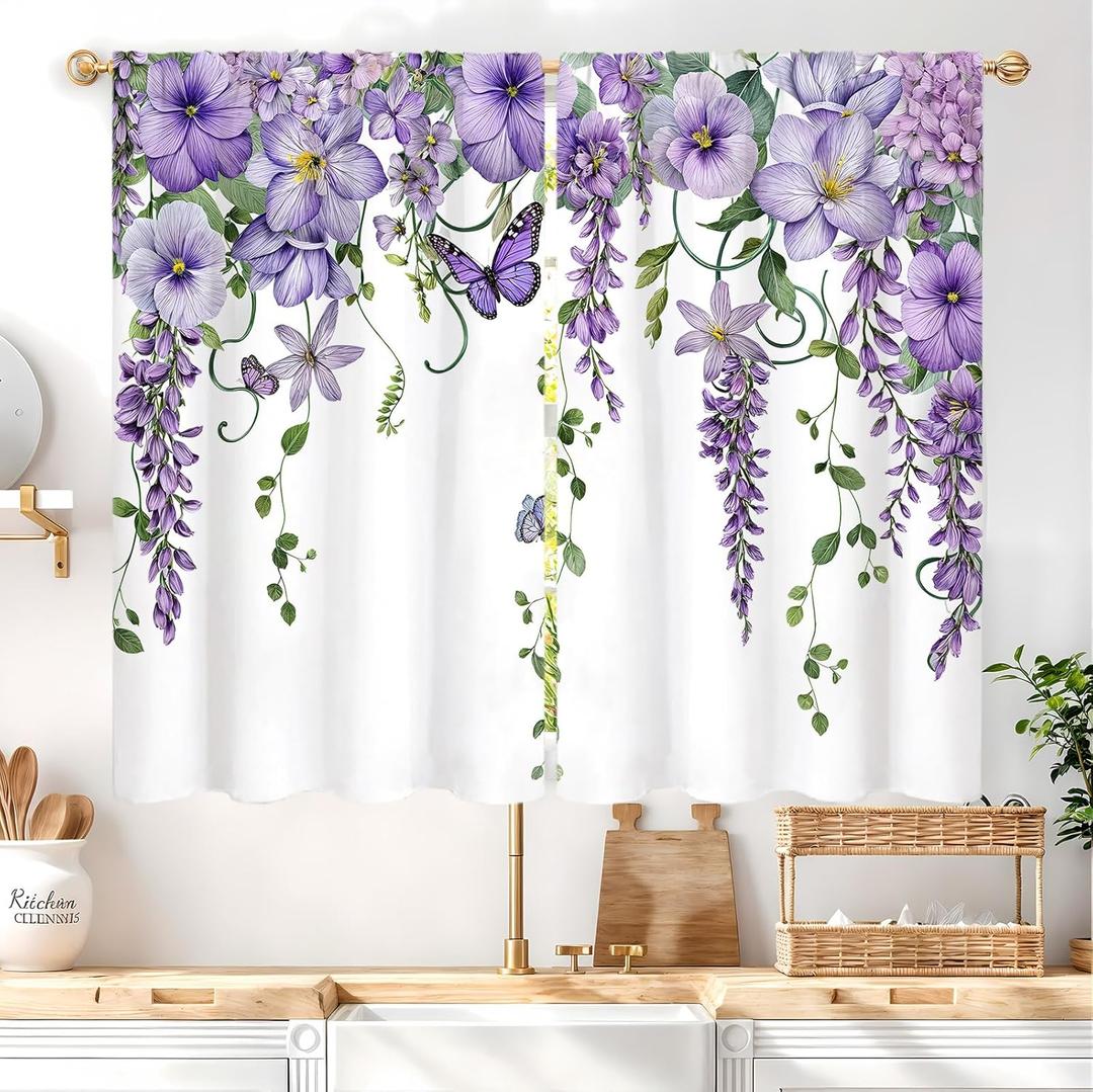 Purple Floral Butterfly Lavender Kitchen Curtains Rod Pocket Spring Lilac Flower Summer Small Short Cafe Tier Curtain For Bathroom Girl Window Treatment Drapes Decor(27.5W X 39L Inch 2 Panels)